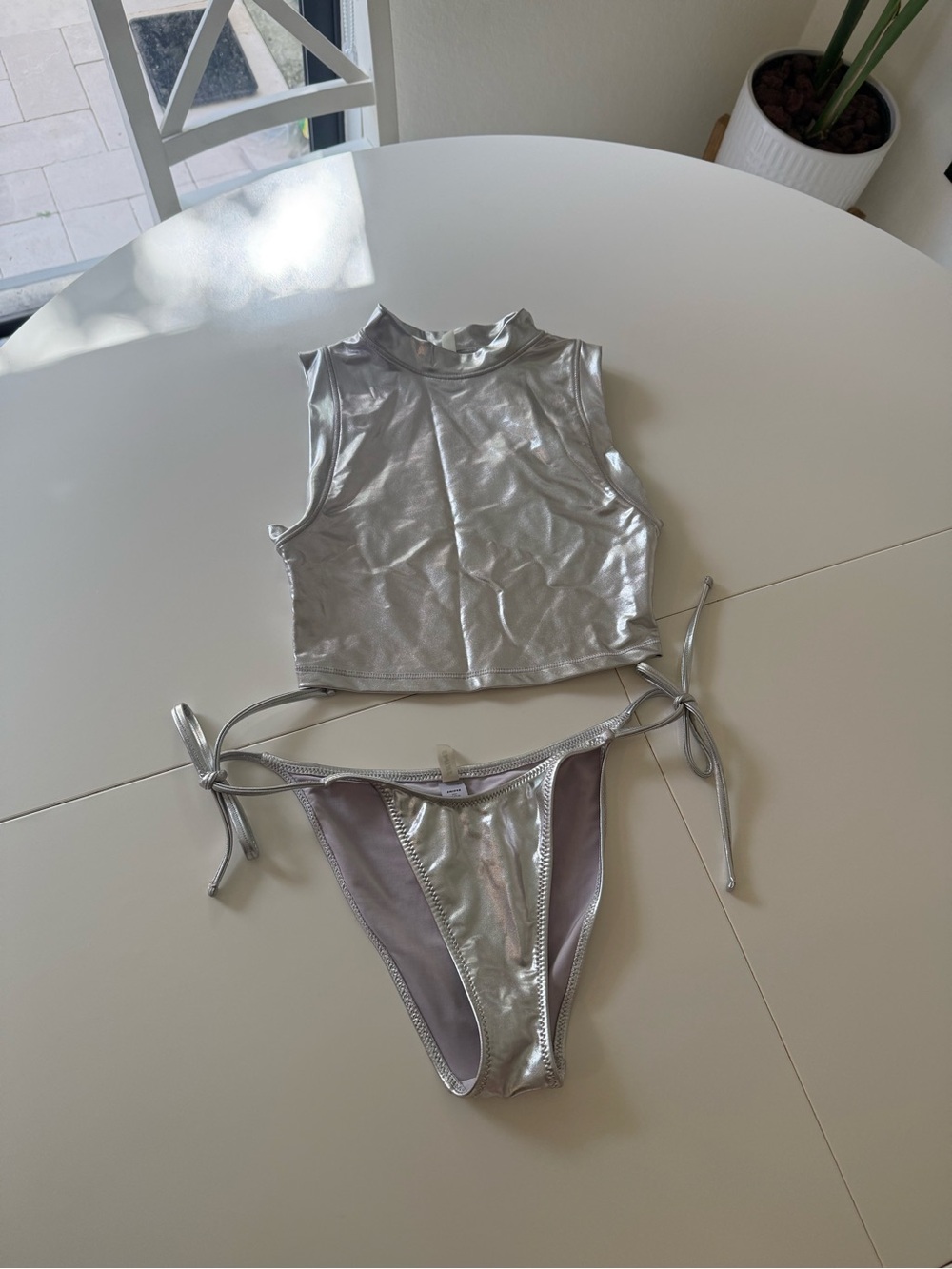 SKIMS Silver Metallic Sleeveless Crop Top & Tie-Side Bikini Bottoms